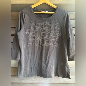 Zenergy by Chico's Size 2 Large Black Silver Beaded Floral Top 3/4 sleeves